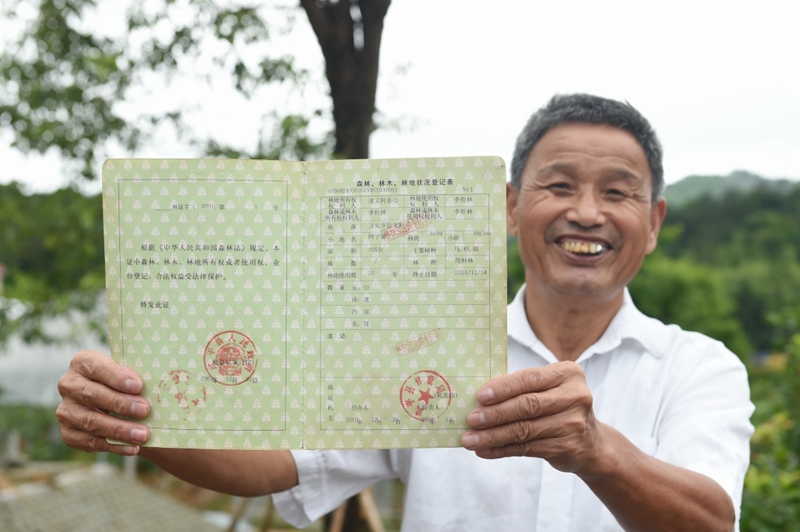 2017年6月13日，福建武平縣萬安鎮(zhèn)捷文村村民李桂林展示林權(quán)改革后領(lǐng)到的全國第一本新式林權(quán)證。