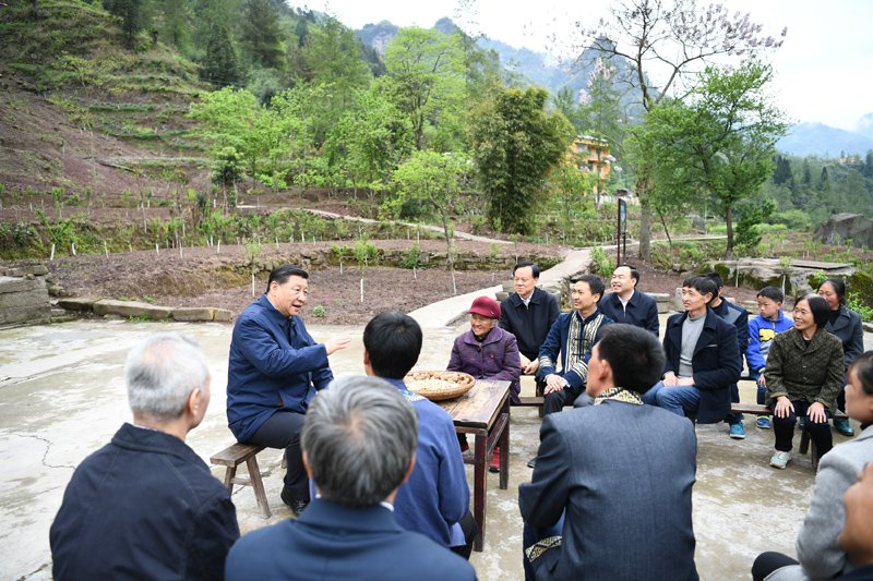 2019年4月15日至17日，中共中央總書記、國家主席、中央軍委主席習(xí)近平在重慶考察，并主持召開解決“兩不愁三保障”突出問題座談會(huì)。這是4月15日下午，習(xí)近平在石柱土家族自治縣中益鄉(xiāng)華溪村同村民代表、基層干部、扶貧干部、鄉(xiāng)村醫(yī)生等圍坐在一起，共話脫貧攻堅(jiān)。新華社記者 謝環(huán)馳 攝