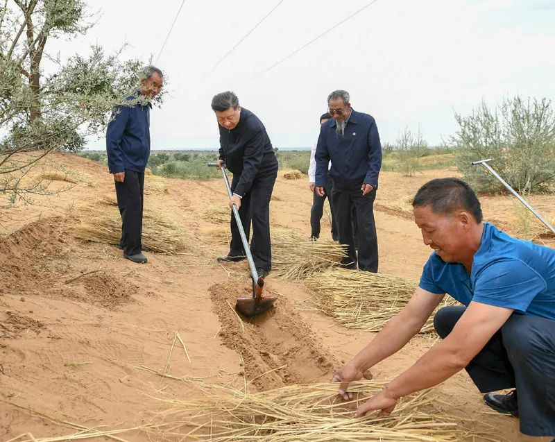 2019年8月21日，習(xí)近平來到甘肅省武威市古浪縣八步沙林場，實(shí)地察看當(dāng)?shù)刂紊吃炝?、生態(tài)保護(hù)等情況。新華社記者 謝環(huán)馳 攝