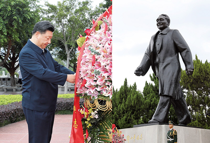 2020年10月14日，習(xí)近平總書記向深圳蓮花山公園鄧小平同志銅像敬獻(xiàn)花籃。